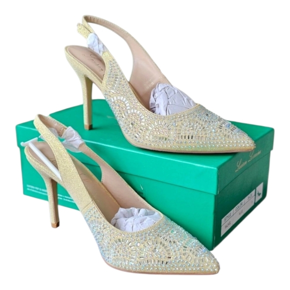 Size 9 Elegant Gold Womens Slingback Heels Wedding Prom Bridal Party - Picture 1 of 16